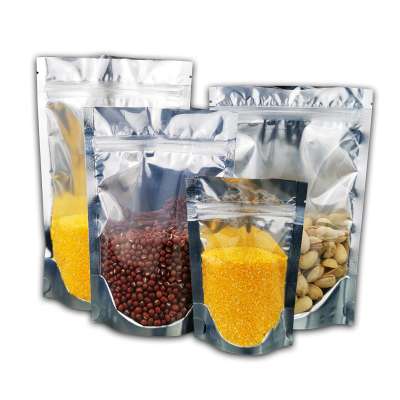 Food grade self standing self sealing zipper dog food silver aluminum film food sealing packaging bag